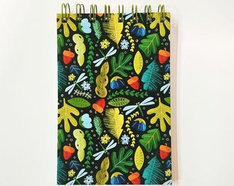 4 x 6 Inch 100 page Spiral Notepad Dragonfly Leaves Acorns Pattern | Illustrated Handmade