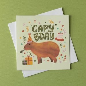 Carte de voeux d'anniversaire de Cabybara | « Anniversaire de Capy » | Capybara dans un chapeau de fête | Blanc à l'intérieur
