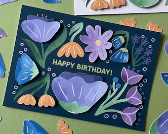 Happy Birthday Purple Flower Sympathy Card | 5 x 7 Inch Handmade Tulip, Geranium, Poppy Card