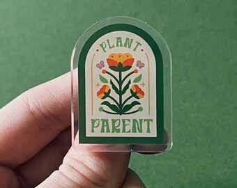 Plant Parent Flower and Butterflies Arch Shaped Acrylic Pin 1.5 Inch