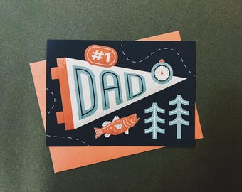 No. 1 Dad Pennant Flag Father's Day Fishing Compass Outdoors Greeting Card | 5 x 7 Inch Card | Blank Inside