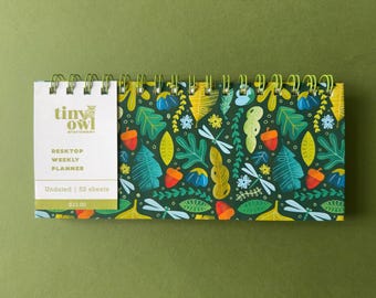 Undated Desktop Weekly Planner | Dragonfly Leaves Acorn Pattern, Spiral Bound
