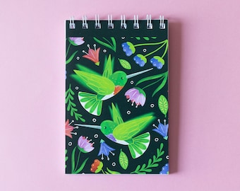 Bloc-notes colibri : motif floral illustré, spirale 4 x 6 pouces faite main