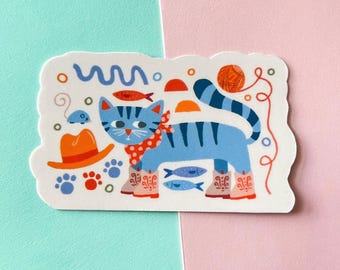 Cowboy Cat Vinyl Sticker: Blue Striped Cat in Boots