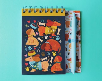 Dachshund Dog Illustrated Notepad with Pen Holder | 4x6 Inch Spiral Notebook
