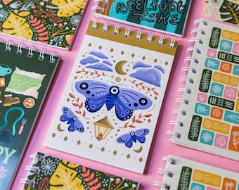 4 x 6 Inch Spiral Notepad Blue Lunar Moth Illustrated Handmade