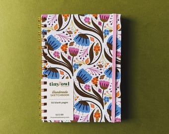 Blue and Pink Floral Sketchbook | 5.5 x 7.5 Inch Unlined Journal, Handmade