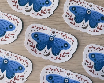 Blue Lunar Moth Waterproof Vinyl Sticker | Moon Stars Celestial