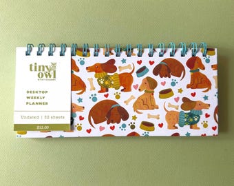 Undated Yearly Desktop Planner | Skinny 3.75 x 8 inches | Dachshund Dogs Pattern | Spiral Bound