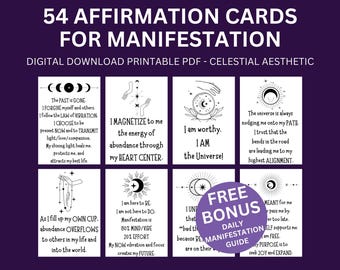 Affirmation Cards for Manifestation with Guide, Celestial Sun Moon Stars, Spiritual Awakening, Dream Life Self Care Inspirational Positivity