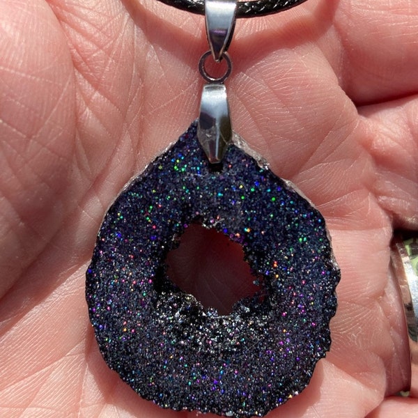 Holographic black  and silver geode necklace , black and silver holographic glitter in resin geode necklace