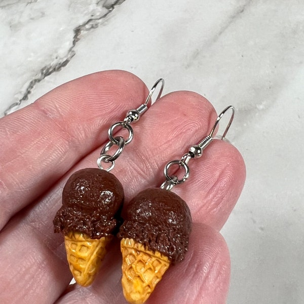 Realistic chocolate ice cream  dangle earrings, cookie dough ice cream earrings, ice cream food earrings