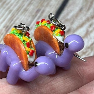 Dino Taco Holder Dangle Earrings: Polymer Clay Food Jewelry