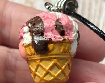 Scented Neapolitan Ice Cream Necklace: Polymer Clay Cone Pendant