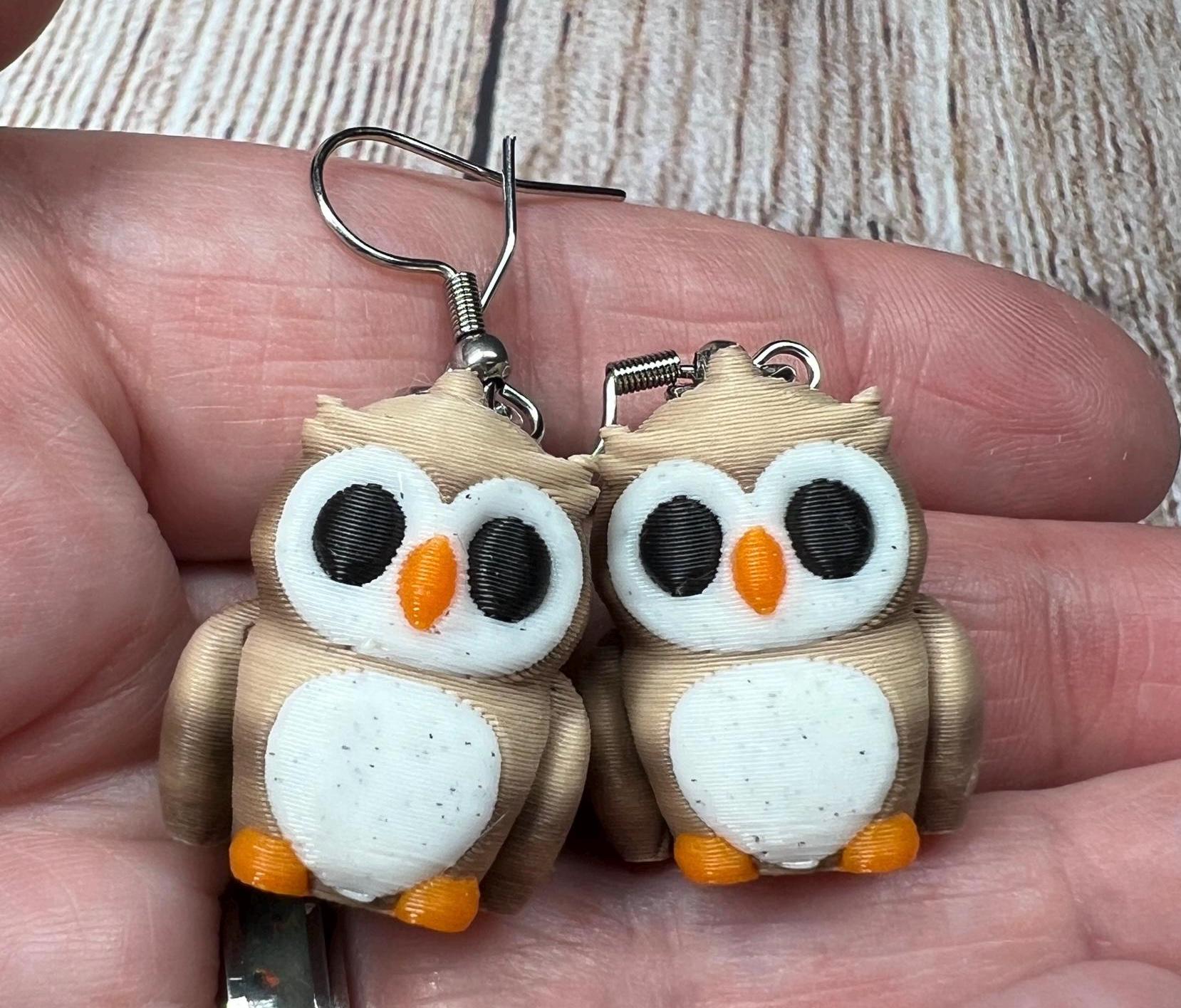3D Printed Articulated Owl Dangle Earrings