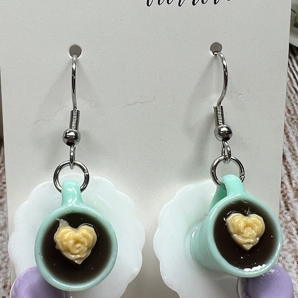 Realistic coffee mugs with macaron dangle earrings, coffee with macaron on plate earrings, coffee and macaron earrings