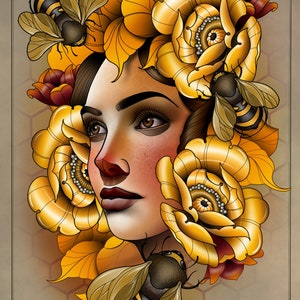 Neotraditional tattoo print , bee/honey