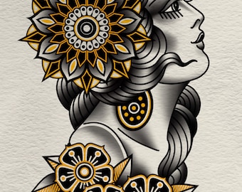 A3 Traditional tattoo woman print