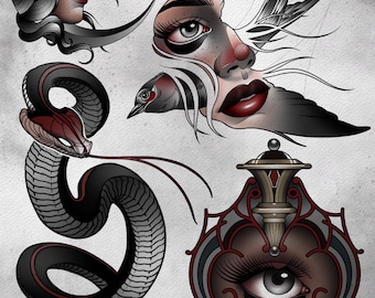 Könnte beinhalten: Ein Satz von vier Tattoo-Flash-Designs. Die Designs beinhalten ein Frauen Gesicht mit einem Halbmond, eine Schlange, einen Vogel mit einem Frauen Gesicht und ein Auge in einem verzierten Rahmen.