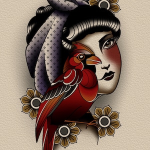 Traditional tattoo art print cardinal girl