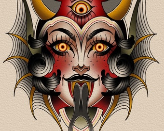 Traditional Devil Tattoo Art Print - Etsy