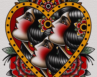 Traditional heart maiden tattoo art print