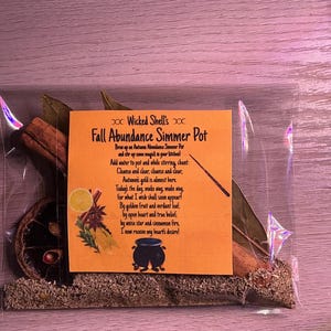 Puede incluir: Una bolsa de plástico transparente que contiene un kit Fall Abundance Simmer Pot. El kit incluye palitos de canela, hojas de laurel, fruta seca y una pequeña tarjeta naranja con texto y una ilustración de caldero.