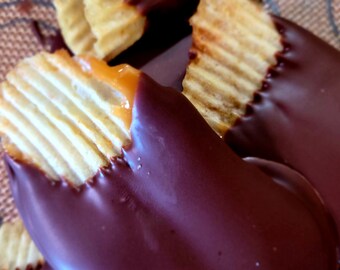 16 oz Chocolate covered potato chips, chocolate caramel covered potato chips, milk chocolate, white chocolate, dark chocolate