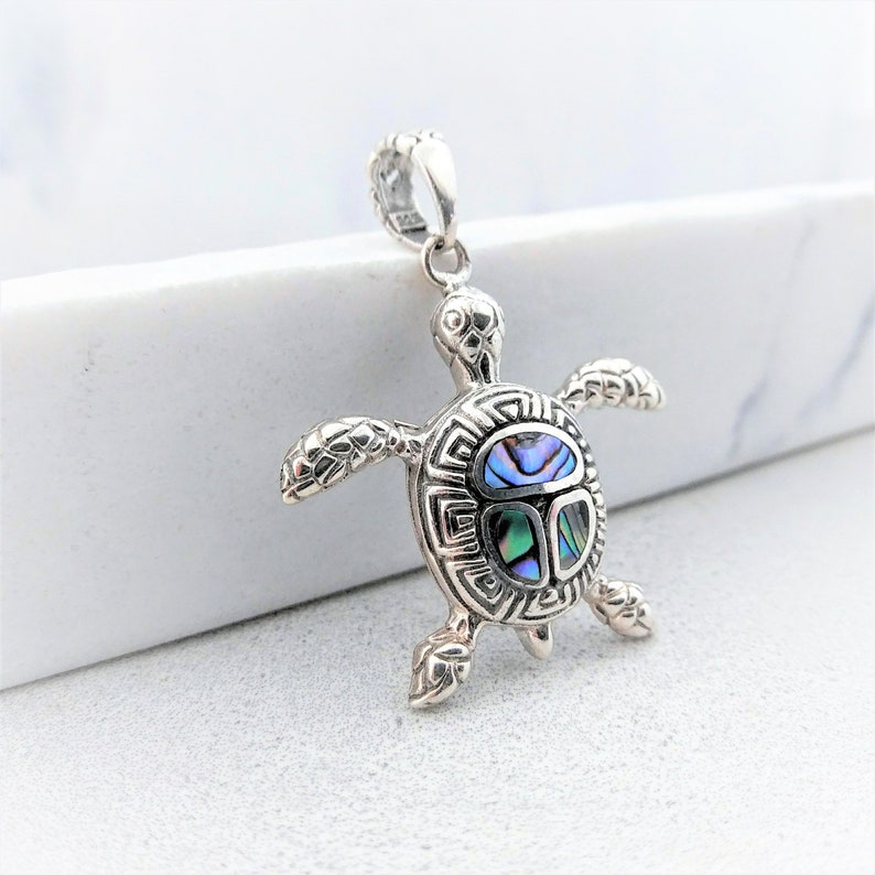 Hawaiian Sea Turtle Abalone Shell Silver Pendant Paua Shell Silver Turtle Pendant Necklace Turtle Green Shell Silver Pendant