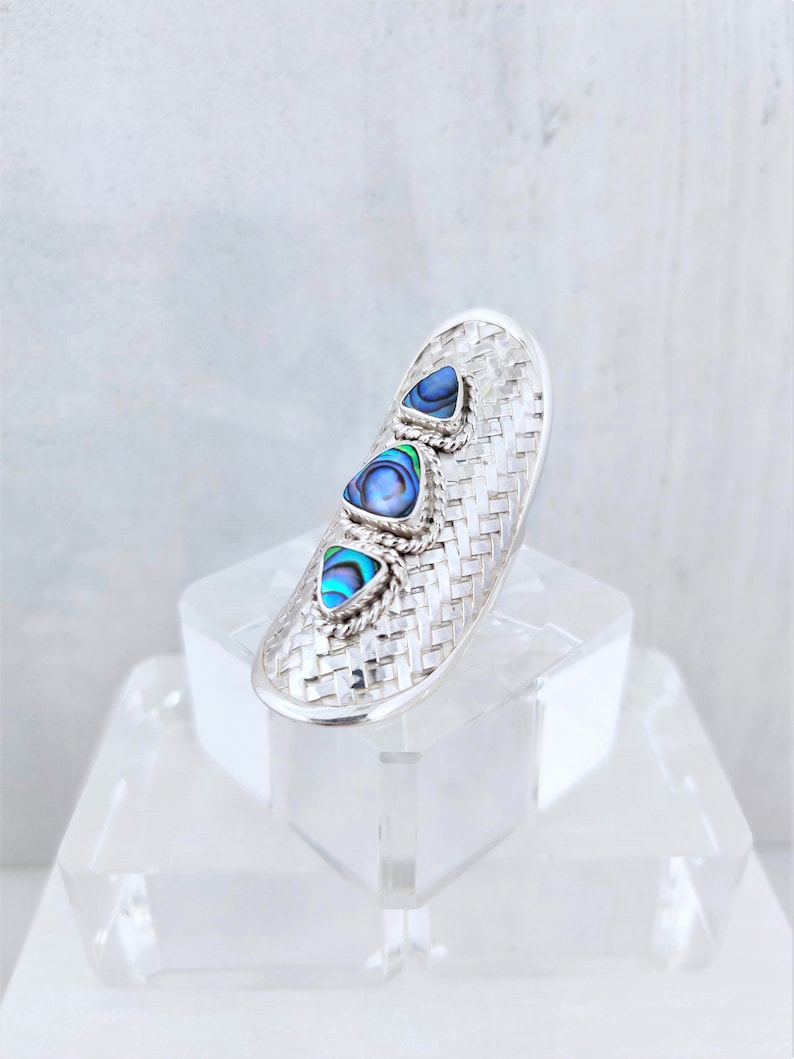 Long Chunky Paua Shell 925 Sterling Silver Ring Statement Abalone Shell Geometric Silver Ring Triangle Shells Braided Textured Silver Ring