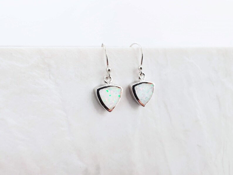 October Birthstone Gift Triangle White Opal Silver Earrings Simple Geometric Dangle Earrings Lab Fire Opal 925 Sterling Silver Earrings
