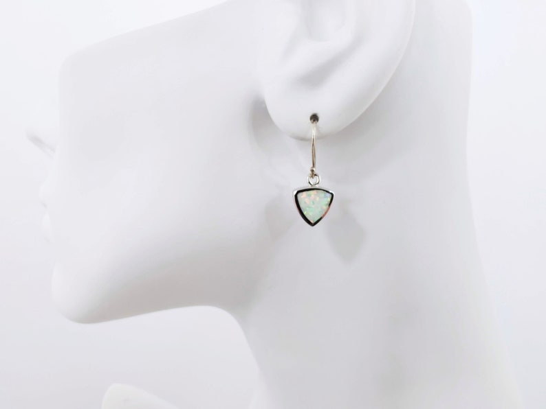 October Birthstone Gift Triangle White Opal Silver Earrings Simple Geometric Dangle Earrings Lab Fire Opal 925 Sterling Silver Earrings