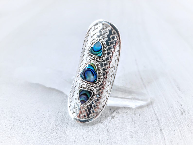 Long Chunky Paua Shell 925 Sterling Silver Ring Statement Abalone Shell Geometric Silver Ring Triangle Shells Braided Textured Silver Ring