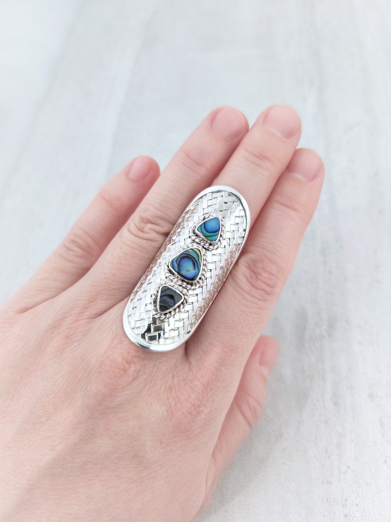 Long Chunky Paua Shell 925 Sterling Silver Ring Statement Abalone Shell Geometric Silver Ring Triangle Shells Braided Textured Silver Ring