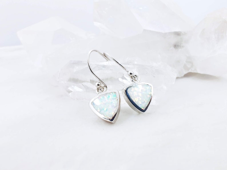 October Birthstone Gift Triangle White Opal Silver Earrings Simple Geometric Dangle Earrings Lab Fire Opal 925 Sterling Silver Earrings