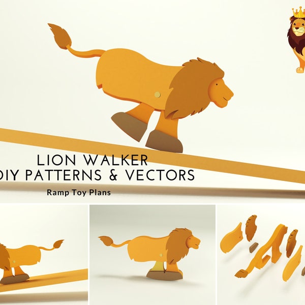 DIY Lion Ramp Walker Spielzeug Muster und Vektoren, PDF Montageanleitung Dekupiersäge Projekt