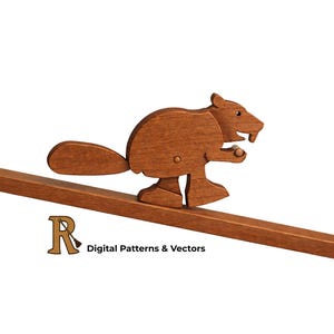May include: A wooden beaver toy with a long tail, walking on a wooden beam. The beaver is brown with visible teeth and a small eye. The beam is also brown. The text "Digital Patterns & Vectors" is at the bottom.