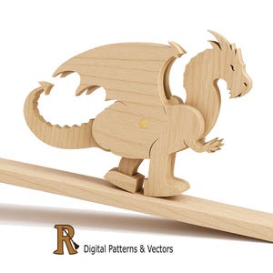 May include: A wooden dragon toy with articulated wings and tail, standing on a wooden ramp. The dragon is light brown with a detailed design, including a spiky head and clawed feet. The image includes the text "Digital Patterns & Vectors".