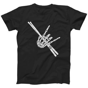 Rocker Drummer T-Shirt: Skeleton Hand Drum Sticks Graphic Tee