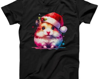 Cute Christmas Hamster T-Shirt, Festive Santa Hat Animal Design, Funny Christmas Gift Tee, Adorable Holiday Pet Lovers T-Shirt