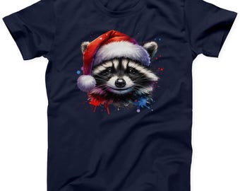 Festive Raccoon Santa Hat Graphic T-Shirt - Christmas Animal Lover Design