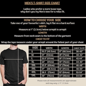 May include: A size chart for men's t-shirts with measurements in inches and centimetres. The chart shows the size, width, length, and chest to fit measurements for sizes S through 5XL.