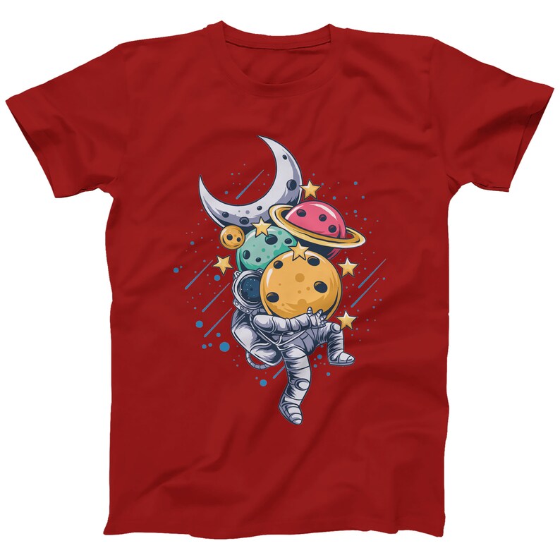 Astronaut Planets Graphic Tee: Space Streetwear T-Shirt Red