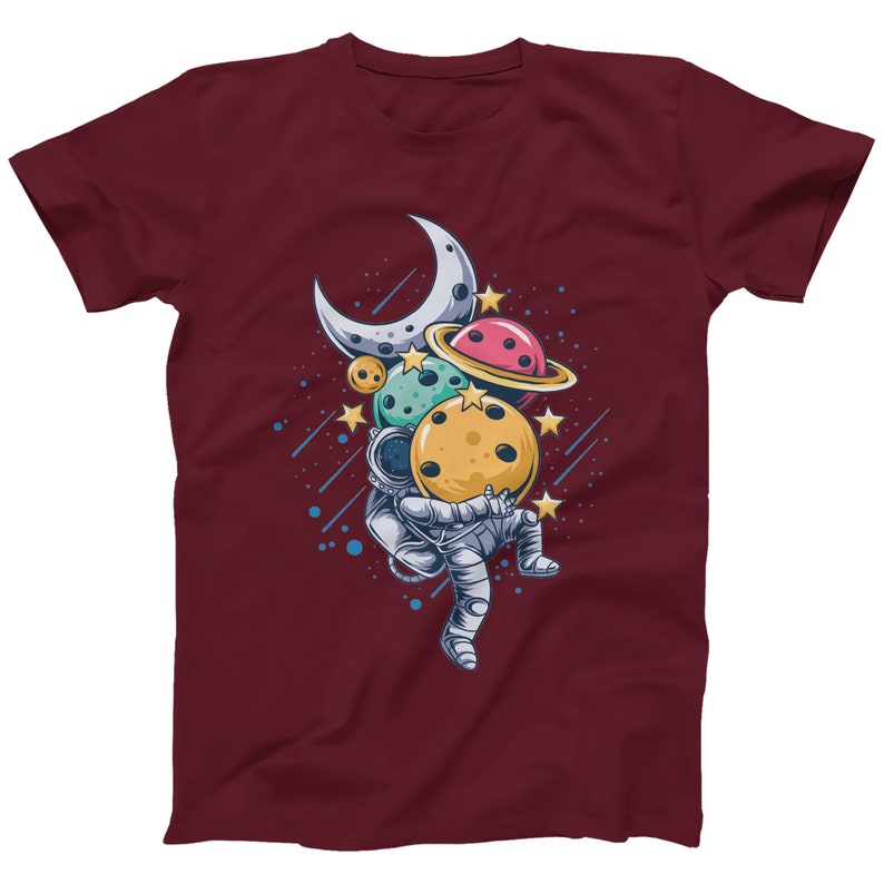 Astronaut Planets Graphic Tee: Space Streetwear T-Shirt Maroon