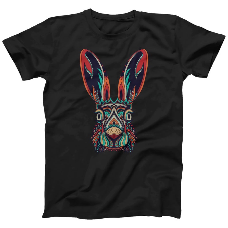 Abstract Rabbit T-Shirt: Colorful Animal Print Tee Black