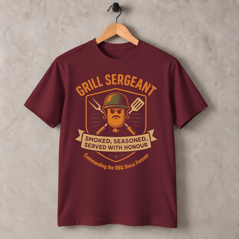 Grill Sergeant BBQ T-Shirt: Funny Military Dad Gift in Maroon