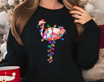 Festive Flamingo Christmas Sweatshirt: Santa Hat Holiday Lights