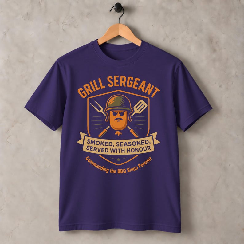 Grill Sergeant BBQ T-Shirt: Funny Military Dad Gift in Purple