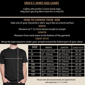 May include: A black t-shirt size chart with measurements in inches and centimeters. The chart includes sizes S to 5XL, with width, length, and chest-to-fit measurements. Instructions on how to measure a t-shirt are also included.