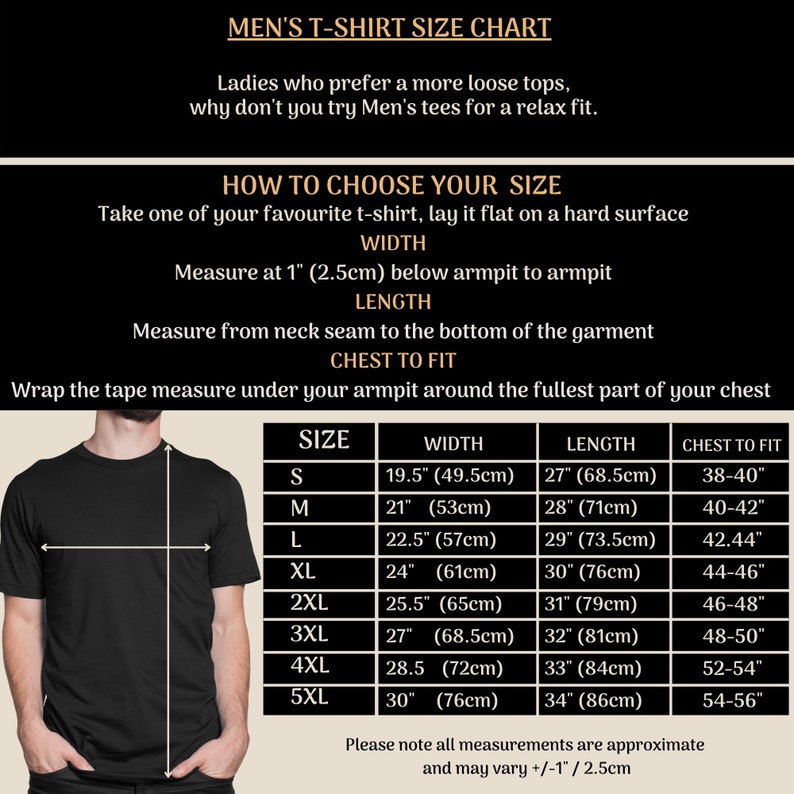 May include: A black t-shirt size chart with measurements in inches and centimeters. The chart includes sizes S to 5XL, with width, length, and chest-to-fit measurements. Instructions on how to measure a t-shirt are also included.